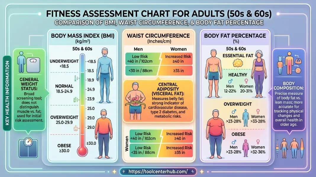 A fitness assessment chart showing BMI, waist circumference, and body fat percentage measurements side by side for adults in their 50s and 60s, with annotations showing how each metric provides different health information A fitness assessment chart showing BMI, waist circumference, and body fat percentage measurements side by side for adults in their 50s and 60s, with annotations showing how each metric provides different health information