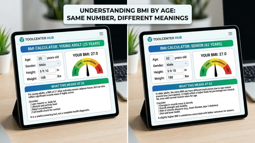 A split view showing two BMI calculator interfaces side by side, the left for a 25-year-old and the right for a 62-year-old, both with the same BMI of 27, highlighting how the same number carries different health context at different ages A split view showing two BMI calculator interfaces side by side, the left for a 25-year-old and the right for a 62-year-old, both with the same BMI of 27, highlighting how the same number carries different health context at different ages