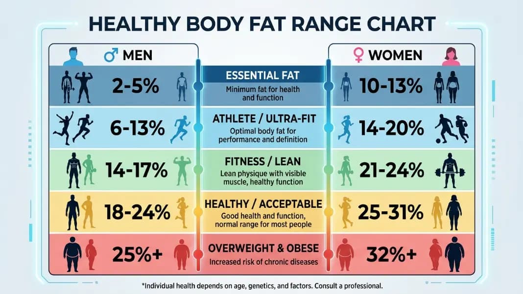 Body fat percentage healthy range chart showing separate columns for men and women with five categories from essential fat through obese, each band color coded from blue through orange, numerical percentages shown at each boundary with the fitness range highlighted Body fat percentage healthy range chart showing separate columns for men and women with five categories from essential fat through obese, each band color coded from blue through orange, numerical percentages shown at each boundary with the fitness range highlighted