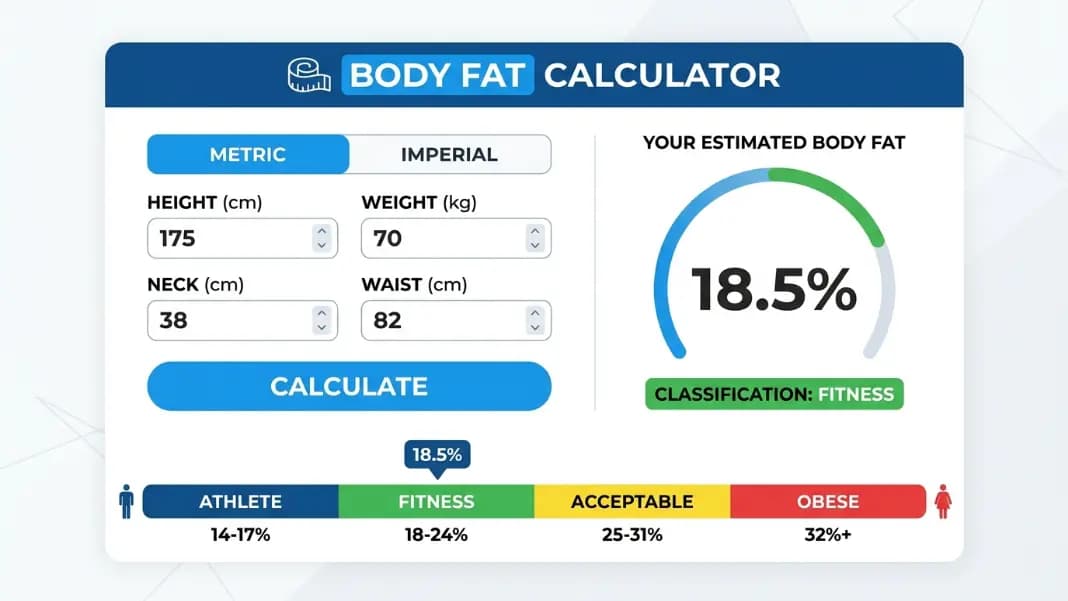 Body fat percentage calculator tool showing a result panel with 18.5 percent displayed, input fields for height weight neck and waist measurements filled in, a color-coded chart showing athlete fitness acceptable and obese zones with the current result highlighted in the fitness range Body fat percentage calculator tool showing a result panel with 18.5 percent displayed, input fields for height weight neck and waist measurements filled in, a color-coded chart showing athlete fitness acceptable and obese zones with the current result highlighted in the fitness range