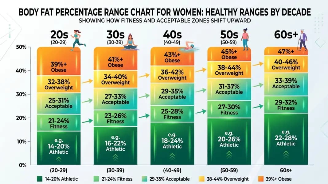 Body fat percentage range chart for women across five age groups from the 20s through 60-plus, showing how the healthy range shifts upward with each decade, with the fitness and acceptable zones highlighted at each age band Body fat percentage range chart for women across five age groups from the 20s through 60-plus, showing how the healthy range shifts upward with each decade, with the fitness and acceptable zones highlighted at each age band