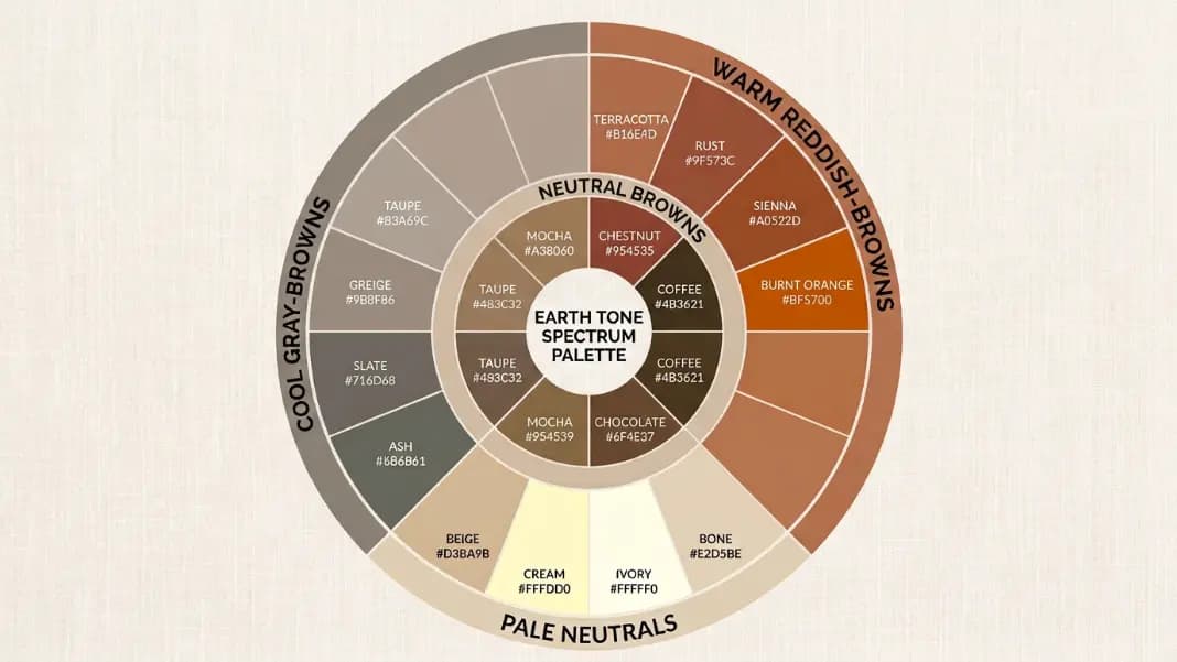 A diagram showing the earth tone color spectrum arranged as a circular palette with warm reddish-browns like terracotta, rust, and sienna on the upper right, neutral browns like chocolate, coffee, and mocha in the center, cool gray-browns like taupe and greige on the left, and pale neutrals like beige, cream, and ivory at the bottom, with hex codes labeled on each swatch A diagram showing the earth tone color spectrum arranged as a circular palette with warm reddish-browns like terracotta, rust, and sienna on the upper right, neutral browns like chocolate, coffee, and mocha in the center, cool gray-browns like taupe and greige on the left, and pale neutrals like beige, cream, and ivory at the bottom, with hex codes labeled on each swatch