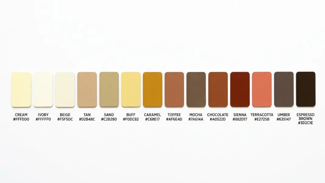 A horizontal arrangement of earth tone color swatches from left to right showing cream, ivory, beige, tan, sand, buff, caramel, toffee, mocha, chocolate, sienna, terracotta, umber, and dark espresso brown, each labeled with its color name and approximate hex code, displayed on a white background A horizontal arrangement of earth tone color swatches from left to right showing cream, ivory, beige, tan, sand, buff, caramel, toffee, mocha, chocolate, sienna, terracotta, umber, and dark espresso brown, each labeled with its color name and approximate hex code, displayed on a white background