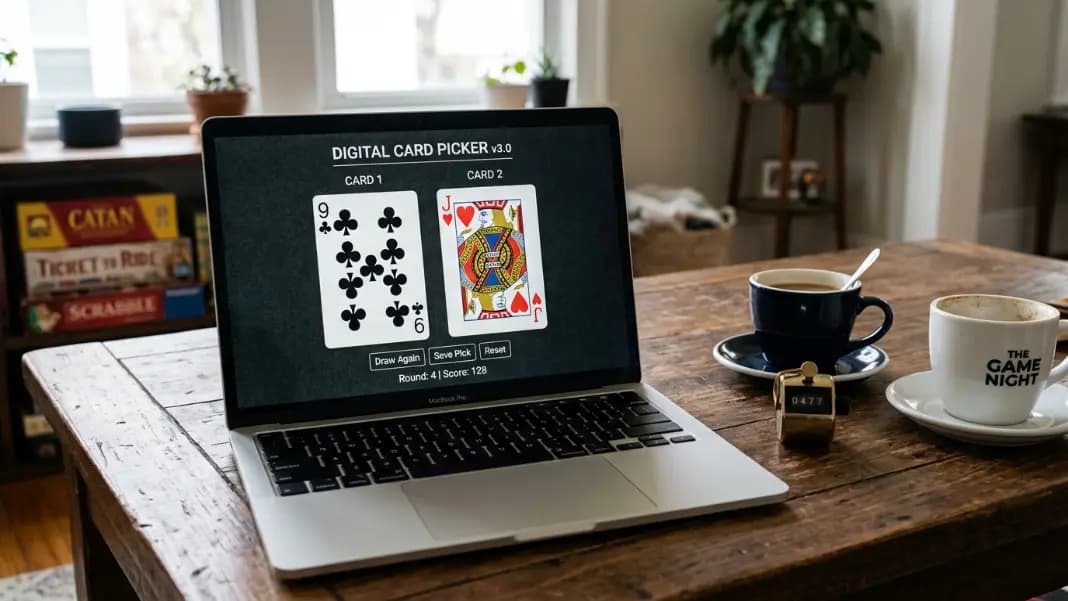 A laptop showing a card picker with two drawn cards side by side, a 9 of clubs and a jack of hearts, on a game table surface with a simple round tally counter and two coffee cups visible A laptop showing a card picker with two drawn cards side by side, a 9 of clubs and a jack of hearts, on a game table surface with a simple round tally counter and two coffee cups visible
