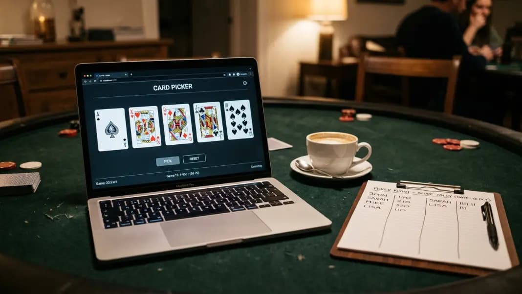 A digital card picker interface on a laptop screen showing five playing cards including ace of spades, king of hearts, queen of diamonds, jack of clubs, and ten of spades arranged on a dark green felt surface, with a score tally sheet and coffee cup visible beside the laptop A digital card picker interface on a laptop screen showing five playing cards including ace of spades, king of hearts, queen of diamonds, jack of clubs, and ten of spades arranged on a dark green felt surface, with a score tally sheet and coffee cup visible beside the laptop