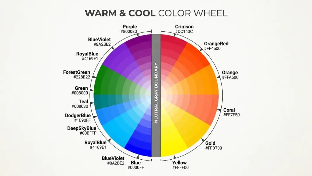 A color wheel divided into warm and cool halves, with the warm half in reds, oranges, and yellows, the cool half in blues, greens, and purples, a neutral gray band along the boundary, and CSS color names crimson, coral, dodgerblue, and forestgreen labeled at their approximate positions on the wheel A color wheel divided into warm and cool halves, with the warm half in reds, oranges, and yellows, the cool half in blues, greens, and purples, a neutral gray band along the boundary, and CSS color names crimson, coral, dodgerblue, and forestgreen labeled at their approximate positions on the wheel