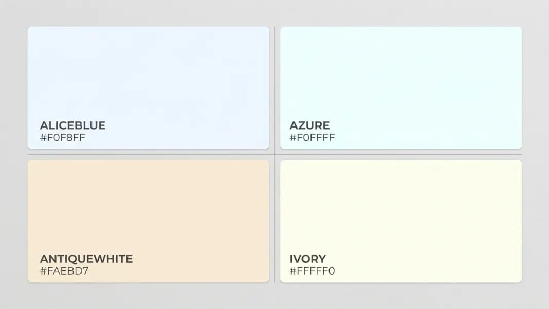 Four near-white and pale-blue color swatches in two rows of two — aliceblue (#F0F8FF) and azure (#F0FFFF) in the top row, antiquewhite (#FAEBD7) and ivory (#FFFFF0) in the bottom row — each occupying a large rectangle with its CSS name and HEX code in small dark text in the corner, on a light gray background to make the near-white colors visible Four near-white and pale-blue color swatches in two rows of two — aliceblue (#F0F8FF) and azure (#F0FFFF) in the top row, antiquewhite (#FAEBD7) and ivory (#FFFFF0) in the bottom row — each occupying a large rectangle with its CSS name and HEX code in small dark text in the corner, on a light gray background to make the near-white colors visible