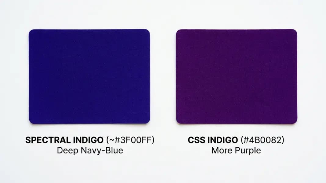 A comparison diagram showing two color swatches side by side labeled Spectral Indigo on the left in a deep navy-blue color approximately #3F00FF and CSS Indigo on the right in the CSS indigo color #4B0082, both labeled with their HEX codes, with a clear visual difference showing CSS indigo is more purple while spectral indigo is more blue, on a white background with dark text labels A comparison diagram showing two color swatches side by side labeled Spectral Indigo on the left in a deep navy-blue color approximately #3F00FF and CSS Indigo on the right in the CSS indigo color #4B0082, both labeled with their HEX codes, with a clear visual difference showing CSS indigo is more purple while spectral indigo is more blue, on a white background with dark text labels