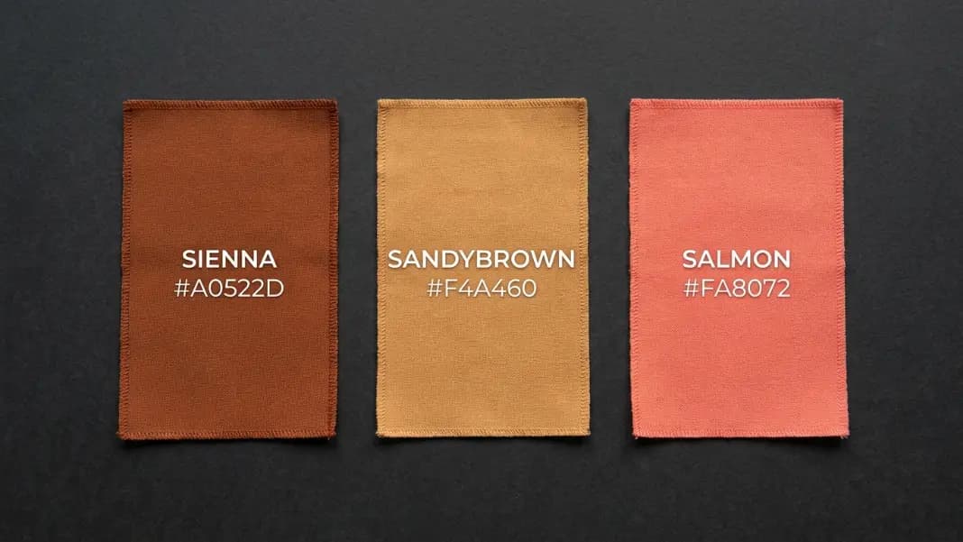 Three earth-tone color swatches from the S family side by side — sienna on the left in reddish-brown, sandybrown in the center in warm golden tan, salmon on the right in pinkish orange — each with its CSS name and HEX code in white text below, on a dark neutral background Three earth-tone color swatches from the S family side by side — sienna on the left in reddish-brown, sandybrown in the center in warm golden tan, salmon on the right in pinkish orange — each with its CSS name and HEX code in white text below, on a dark neutral background