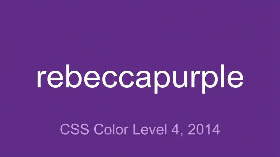 A simple memorial-style text card with a purple background (#663399) showing the text "rebeccapurple" in white letters at the top and below it "CSS Color Level 4, 2014" in lighter purple text, representing the color added in memory of Rebecca Meyer, with a clean minimal layout of just typography on the purple swatch A simple memorial-style text card with a purple background (#663399) showing the text "rebeccapurple" in white letters at the top and below it "CSS Color Level 4, 2014" in lighter purple text, representing the color added in memory of Rebecca Meyer, with a clean minimal layout of just typography on the purple swatch