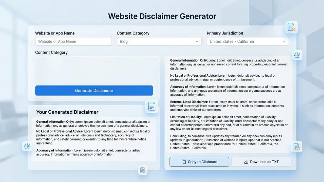 Disclaimer generator tool showing a form with fields for website name, business type, content category, and jurisdiction, with a generated disclaimer text displayed in a panel below, copy button and download option visible at the top right of the result panel Disclaimer generator tool showing a form with fields for website name, business type, content category, and jurisdiction, with a generated disclaimer text displayed in a panel below, copy button and download option visible at the top right of the result panel