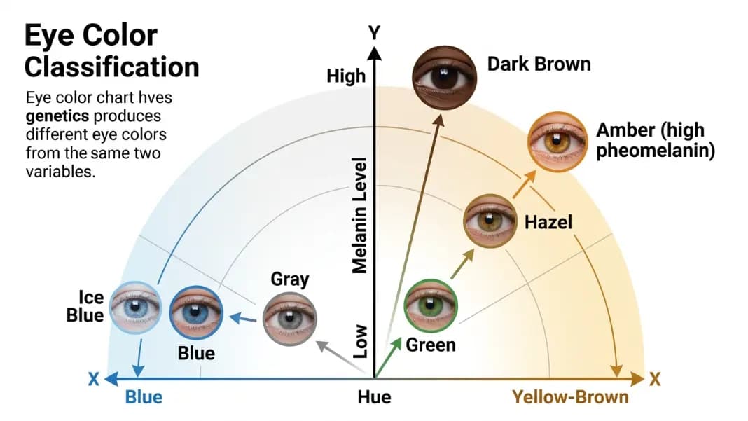 A diagram showing the eye color classification system with a radial chart: in the center, melanin level from low to high is plotted on the Y axis, and hue (yellow-brown to blue) is plotted on the X axis, with named eye colors positioned at their corresponding melanin and hue coordinates: dark brown at high melanin, amber at high pheomelanin, hazel in the mid-range, green and gray at low melanin with different hue positions, and blue and ice blue at the lowest melanin level, showing how genetics produces different eye colors from the same two variables A diagram showing the eye color classification system with a radial chart: in the center, melanin level from low to high is plotted on the Y axis, and hue (yellow-brown to blue) is plotted on the X axis, with named eye colors positioned at their corresponding melanin and hue coordinates: dark brown at high melanin, amber at high pheomelanin, hazel in the mid-range, green and gray at low melanin with different hue positions, and blue and ice blue at the lowest melanin level, showing how genetics produces different eye colors from the same two variables