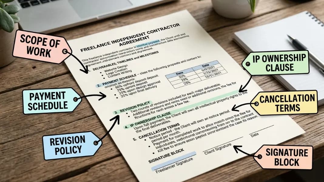 Annotated freelance contract document showing sections for scope of work, payment schedule, revision policy, IP ownership clause, cancellation terms, and signature block at the bottom Annotated freelance contract document showing sections for scope of work, payment schedule, revision policy, IP ownership clause, cancellation terms, and signature block at the bottom