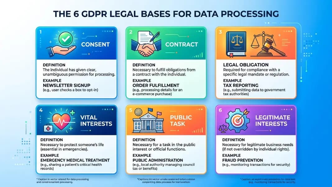 Comparison layout showing the 6 GDPR legal bases for data processing with the basis name, a one-line definition, and a website example for each row, including Consent for newsletter signup, Legitimate Interests for analytics, and Contract for order fulfillment Comparison layout showing the 6 GDPR legal bases for data processing with the basis name, a one-line definition, and a website example for each row, including Consent for newsletter signup, Legitimate Interests for analytics, and Contract for order fulfillment