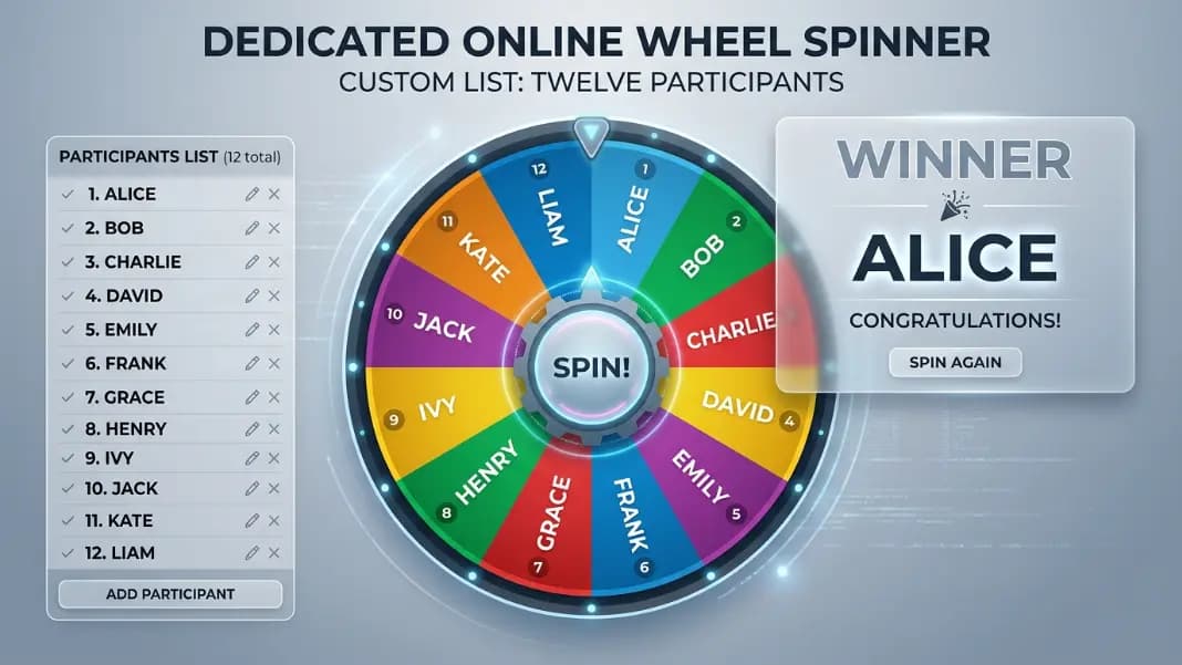 Dedicated online wheel spinner showing a custom list of twelve participant names as wheel segments, with a transparent result panel displaying the selected winner Dedicated online wheel spinner showing a custom list of twelve participant names as wheel segments, with a transparent result panel displaying the selected winner