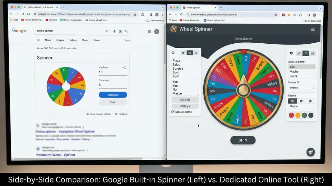 Google search results page showing the built-in spinner widget next to a browser tab with a dedicated online wheel spinner tool open Google search results page showing the built-in spinner widget next to a browser tab with a dedicated online wheel spinner tool open