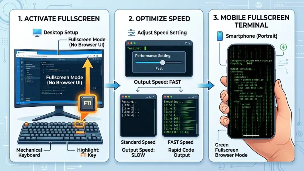 A three-panel diagram showing how to set up the green hacker typer for different use cases: the left panel shows fullscreen setup on desktop with F11 highlighted and the resulting full-window green screen, the center panel shows the speed setting adjusted to Fast with the resulting faster code output filling the screen more quickly, and the right panel shows a phone screen with the green terminal running in mobile browser fullscreen mode A three-panel diagram showing how to set up the green hacker typer for different use cases: the left panel shows fullscreen setup on desktop with F11 highlighted and the resulting full-window green screen, the center panel shows the speed setting adjusted to Fast with the resulting faster code output filling the screen more quickly, and the right panel shows a phone screen with the green terminal running in mobile browser fullscreen mode