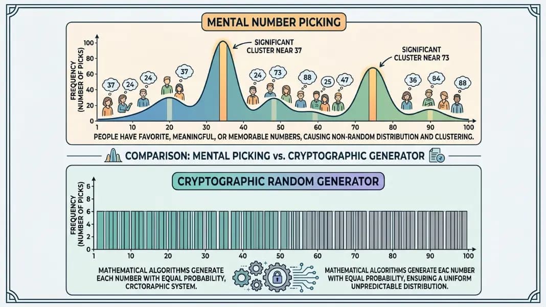 Comparison diagram showing mental picking clustering around 37 and 73 on a 1-100 scale, versus a uniform distribution from a cryptographic random generator across all values Comparison diagram showing mental picking clustering around 37 and 73 on a 1-100 scale, versus a uniform distribution from a cryptographic random generator across all values