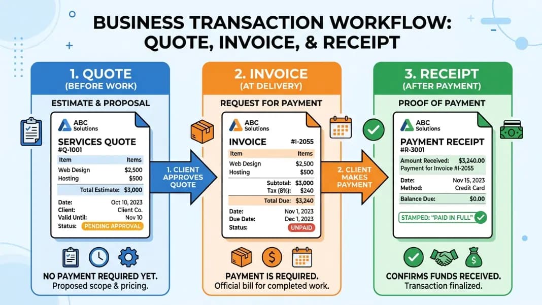 A side-by-side layout showing a quote document on the left labeled Before Work, an invoice in the middle labeled At Delivery, and a receipt on the right labeled After Payment, with arrows showing the flow between them A side-by-side layout showing a quote document on the left labeled Before Work, an invoice in the middle labeled At Delivery, and a receipt on the right labeled After Payment, with arrows showing the flow between them