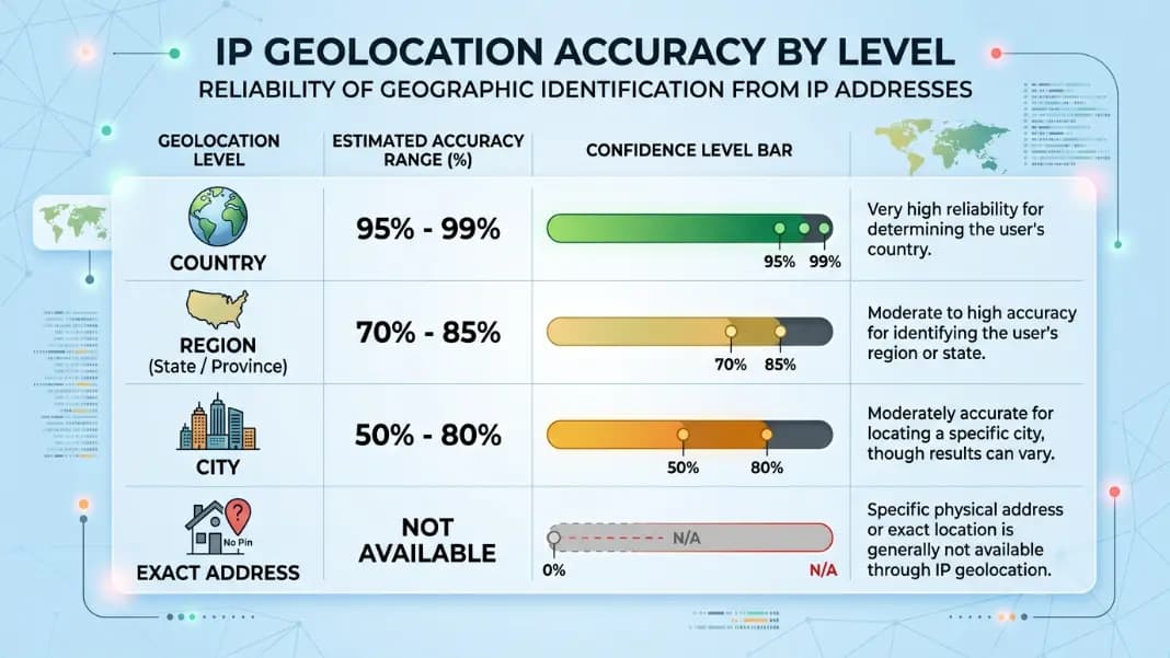 A table showing IP geolocation accuracy by level: country 95-99 percent, region 70-85 percent, city 50-80 percent, and exact address not available, alongside examples of typical results for residential, business, and VPN IPs A table showing IP geolocation accuracy by level: country 95-99 percent, region 70-85 percent, city 50-80 percent, and exact address not available, alongside examples of typical results for residential, business, and VPN IPs