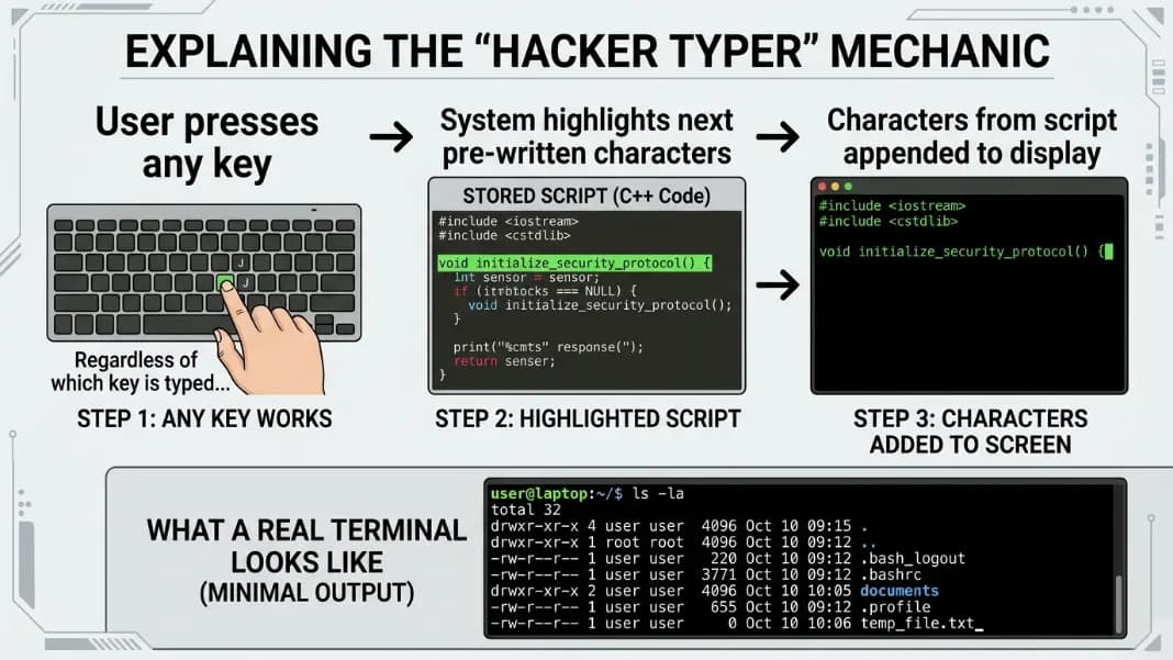 A diagram showing the three-step hacker typer process: step 1 shows a hand pressing any key on a keyboard with a label saying any key works, step 2 shows an arrow pointing to a box labeled stored script with a chunk of code highlighted and labeled next few characters, and step 3 shows those characters being added to the terminal screen display, with a second diagram below showing what a real terminal session actually looks like with minimal output and specific commands A diagram showing the three-step hacker typer process: step 1 shows a hand pressing any key on a keyboard with a label saying any key works, step 2 shows an arrow pointing to a box labeled stored script with a chunk of code highlighted and labeled next few characters, and step 3 shows those characters being added to the terminal screen display, with a second diagram below showing what a real terminal session actually looks like with minimal output and specific commands