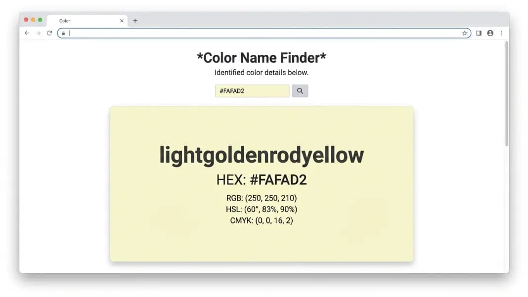 A browser window showing the Color Name Finder tool with a pale yellow color swatch filling the result panel, and the text lightgoldenrodyellow displayed as the matched color name along with the HEX code FAFAD2, on a clean white background A browser window showing the Color Name Finder tool with a pale yellow color swatch filling the result panel, and the text lightgoldenrodyellow displayed as the matched color name along with the HEX code FAFAD2, on a clean white background