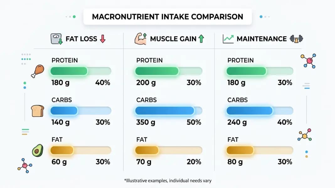 Comparison table showing macro ratio breakdowns for three goals, fat loss on the left with high protein and moderate carbs and fat, muscle gain in the middle with high carbs and protein and moderate fat, maintenance on the right with balanced split across all three macros, each goal shown with grams and percentage of total calories Comparison table showing macro ratio breakdowns for three goals, fat loss on the left with high protein and moderate carbs and fat, muscle gain in the middle with high carbs and protein and moderate fat, maintenance on the right with balanced split across all three macros, each goal shown with grams and percentage of total calories
