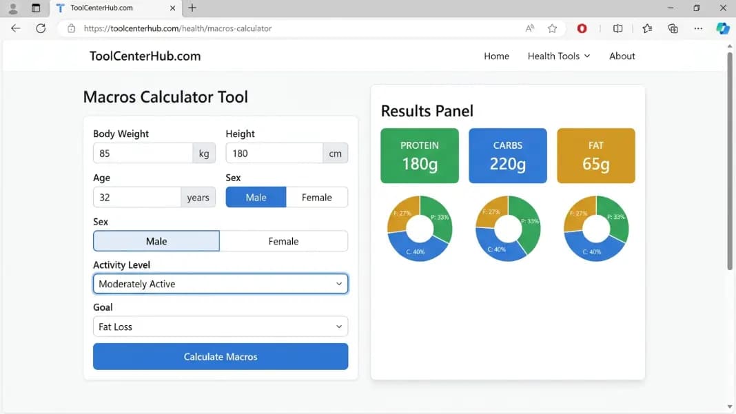 Macros calculator tool showing input fields for body weight, height, age, sex, activity level and goal with fat loss selected, result panel displaying daily targets of 180g protein 220g carbs and 65g fat alongside a pie chart showing the percentage split of each macronutrient Macros calculator tool showing input fields for body weight, height, age, sex, activity level and goal with fat loss selected, result panel displaying daily targets of 180g protein 220g carbs and 65g fat alongside a pie chart showing the percentage split of each macronutrient