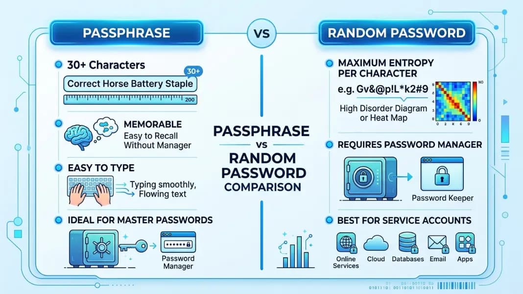 A two-column comparison showing passphrase on the left with attributes: 30 plus characters, memorable, easy to type, ideal for master passwords; and random password on the right with attributes: maximum entropy per character, requires password manager, best for service accounts, generated in one click A two-column comparison showing passphrase on the left with attributes: 30 plus characters, memorable, easy to type, ideal for master passwords; and random password on the right with attributes: maximum entropy per character, requires password manager, best for service accounts, generated in one click