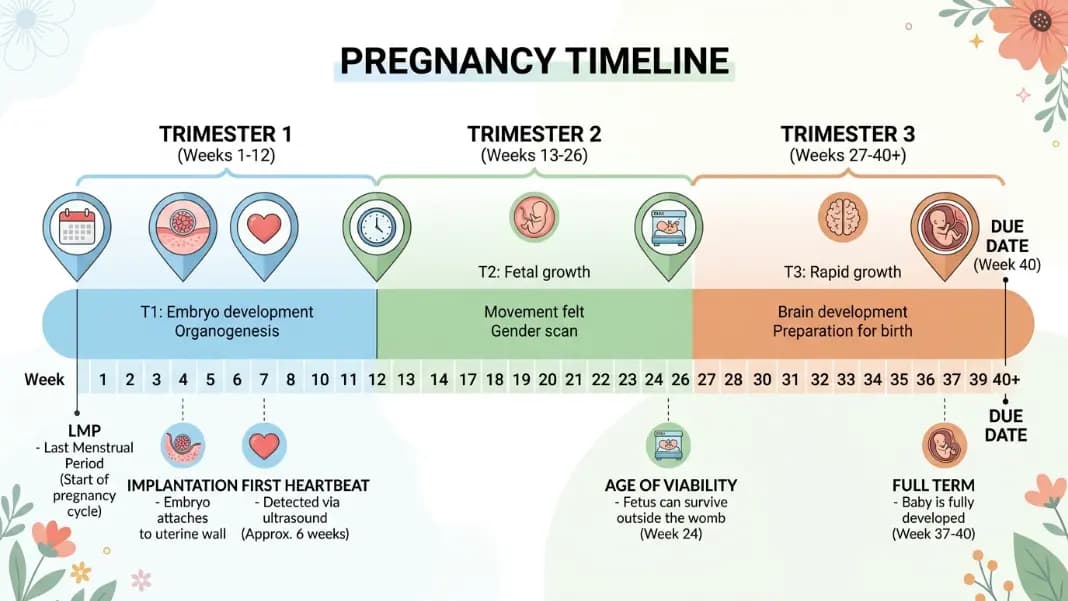 Pregnancy trimester timeline showing a horizontal bar divided into three color-coded sections labeled first trimester weeks 1 to 13 second trimester weeks 14 to 27 and third trimester weeks 28 to 40, with milestone markers for LMP implantation heartbeat viability and full term Pregnancy trimester timeline showing a horizontal bar divided into three color-coded sections labeled first trimester weeks 1 to 13 second trimester weeks 14 to 27 and third trimester weeks 28 to 40, with milestone markers for LMP implantation heartbeat viability and full term