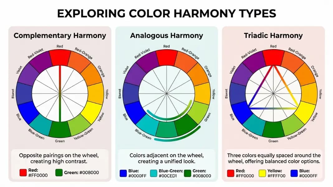 A diagram showing three color harmony types derived from the 12-color wheel: the left panel shows a complementary pairing of red and green with a line connecting opposite positions, the center panel shows an analogous grouping of blue, blue-green, and green with an arc across three adjacent positions, and the right panel shows a triadic grouping of red, yellow, and blue at equal 120-degree spacing, each panel labeled with the harmony type and the hex codes of the colors involved A diagram showing three color harmony types derived from the 12-color wheel: the left panel shows a complementary pairing of red and green with a line connecting opposite positions, the center panel shows an analogous grouping of blue, blue-green, and green with an arc across three adjacent positions, and the right panel shows a triadic grouping of red, yellow, and blue at equal 120-degree spacing, each panel labeled with the harmony type and the hex codes of the colors involved