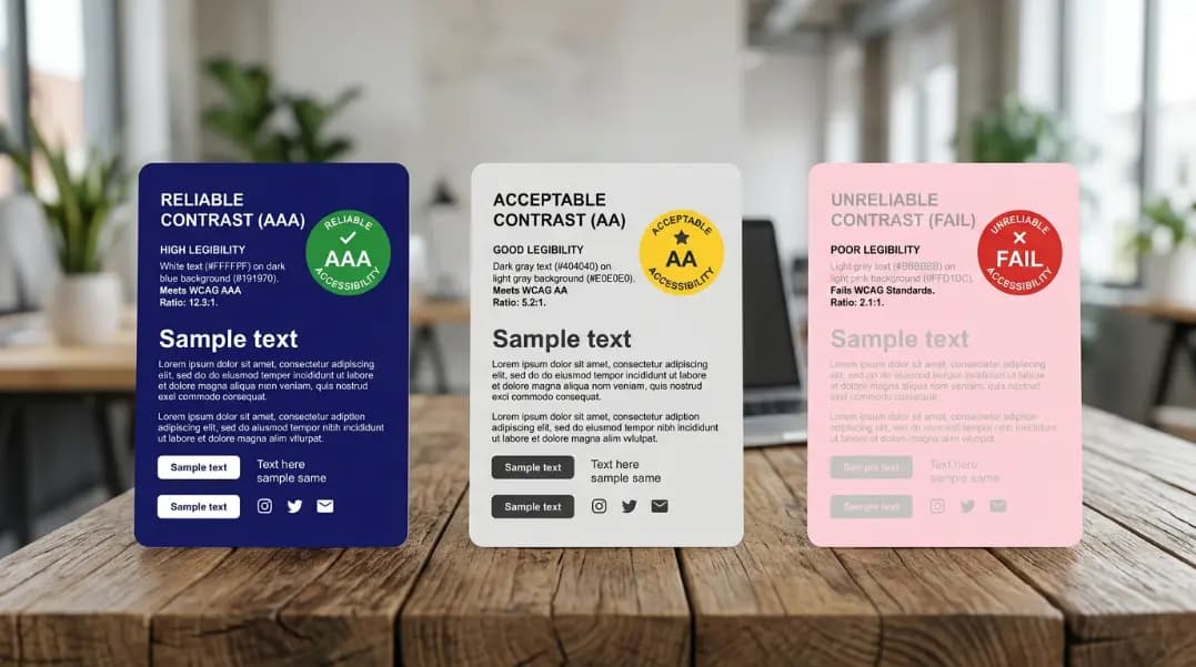 A diagram showing three business card QR code variants side by side: a standard black-on-white code labeled Reliable, a dark navy blue code on cream labeled Acceptable, and a medium gray code on light gray labeled Unreliable, each with a contrast ratio label and a green or red scan success indicator below A diagram showing three business card QR code variants side by side: a standard black-on-white code labeled Reliable, a dark navy blue code on cream labeled Acceptable, and a medium gray code on light gray labeled Unreliable, each with a contrast ratio label and a green or red scan success indicator below