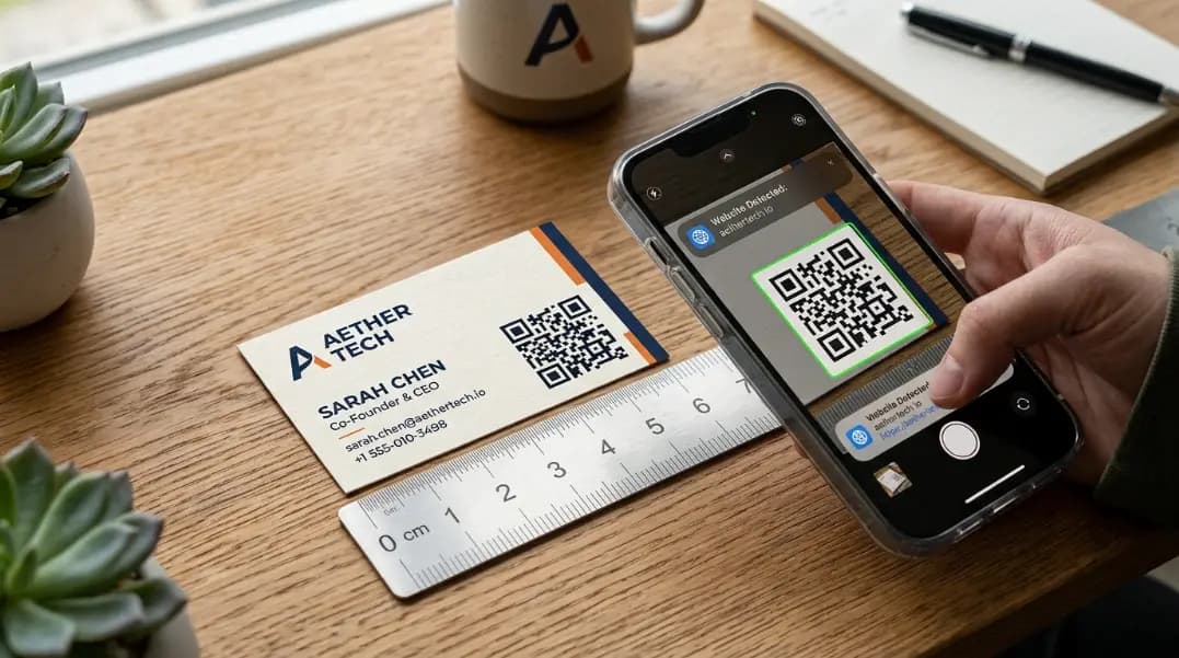 A professionally designed business card lying flat on a white desk surface showing a QR code in the bottom right corner, with the card owner's name and title printed clearly on the left, a ruler beside the card showing the QR code is approximately 2.5 centimeters square, with a phone scanning the code visible at the top of the frame A professionally designed business card lying flat on a white desk surface showing a QR code in the bottom right corner, with the card owner's name and title printed clearly on the left, a ruler beside the card showing the QR code is approximately 2.5 centimeters square, with a phone scanning the code visible at the top of the frame