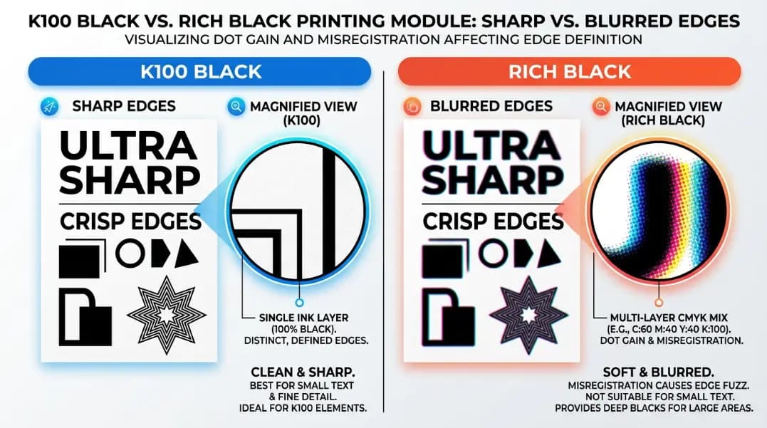 A close-up technical comparison showing two QR code modules side by side: the left module printed in K100 single-channel black with crisp sharp edges labeled K100 Single Ink Plate Sharp Edges, and the right module printed in Rich Black CMYK showing slightly spread and blurred edges labeled Rich Black Four Ink Plates Edge Spread, with magnification circles highlighting the edge quality difference, on a white background with faint technical grid lines A close-up technical comparison showing two QR code modules side by side: the left module printed in K100 single-channel black with crisp sharp edges labeled K100 Single Ink Plate Sharp Edges, and the right module printed in Rich Black CMYK showing slightly spread and blurred edges labeled Rich Black Four Ink Plates Edge Spread, with magnification circles highlighting the edge quality difference, on a white background with faint technical grid lines