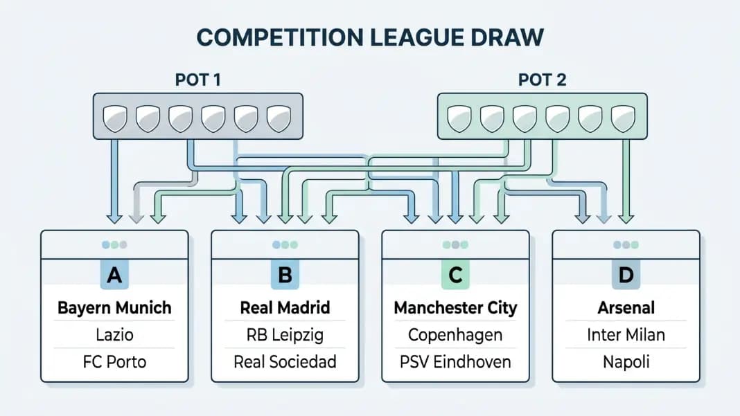 Diagram showing a competition league draw structure with four group boxes labeled A through D, each containing three team names drawn from two separate pots, with seeded teams shown in the top row of each group and unseeded teams filling the remaining positions below Diagram showing a competition league draw structure with four group boxes labeled A through D, each containing three team names drawn from two separate pots, with seeded teams shown in the top row of each group and unseeded teams filling the remaining positions below