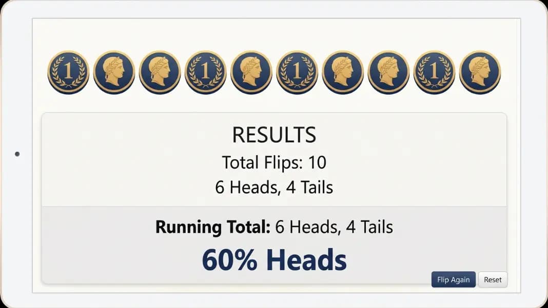 Coin flip tool showing ten simultaneous flip results: H H T H T T H H T H displayed in a row, with a running total of six heads and four tails and a 60 percent heads reading below Coin flip tool showing ten simultaneous flip results: H H T H T T H H T H displayed in a row, with a running total of six heads and four tails and a 60 percent heads reading below