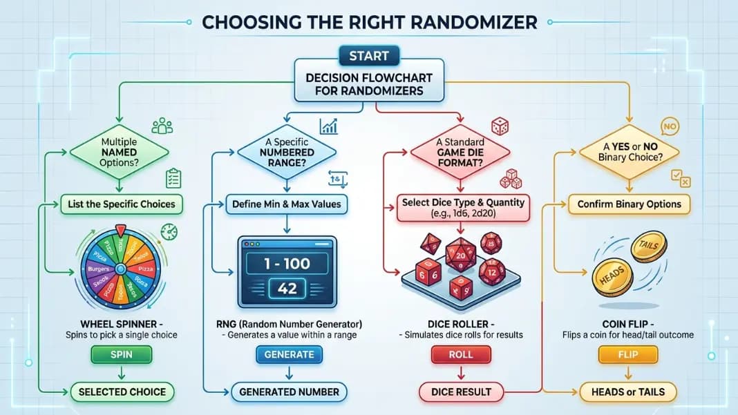 Diagram showing four decision paths: multiple named options leads to wheel spinner, numbered range leads to RNG, game die format leads to dice roller, and yes or no binary leads to coin flip or yes/no wheel Diagram showing four decision paths: multiple named options leads to wheel spinner, numbered range leads to RNG, game die format leads to dice roller, and yes or no binary leads to coin flip or yes/no wheel
