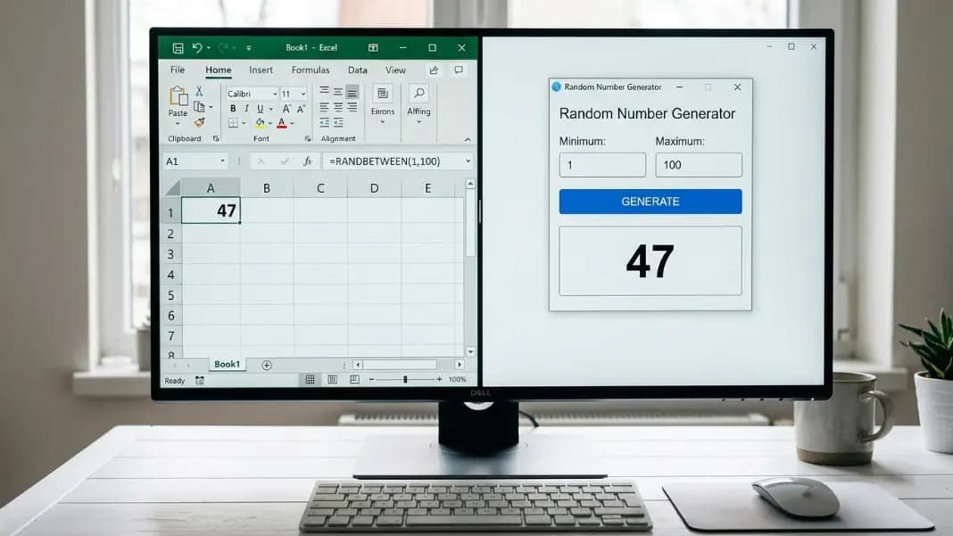 A split-screen view showing Microsoft Excel on the left with a formula bar displaying RANDBETWEEN(1,100) and cell A1 showing result 47, and a random number generator tool on the right with minimum 1, maximum 100, displaying the same result 47, both on a white desktop background A split-screen view showing Microsoft Excel on the left with a formula bar displaying RANDBETWEEN(1,100) and cell A1 showing result 47, and a random number generator tool on the right with minimum 1, maximum 100, displaying the same result 47, both on a white desktop background