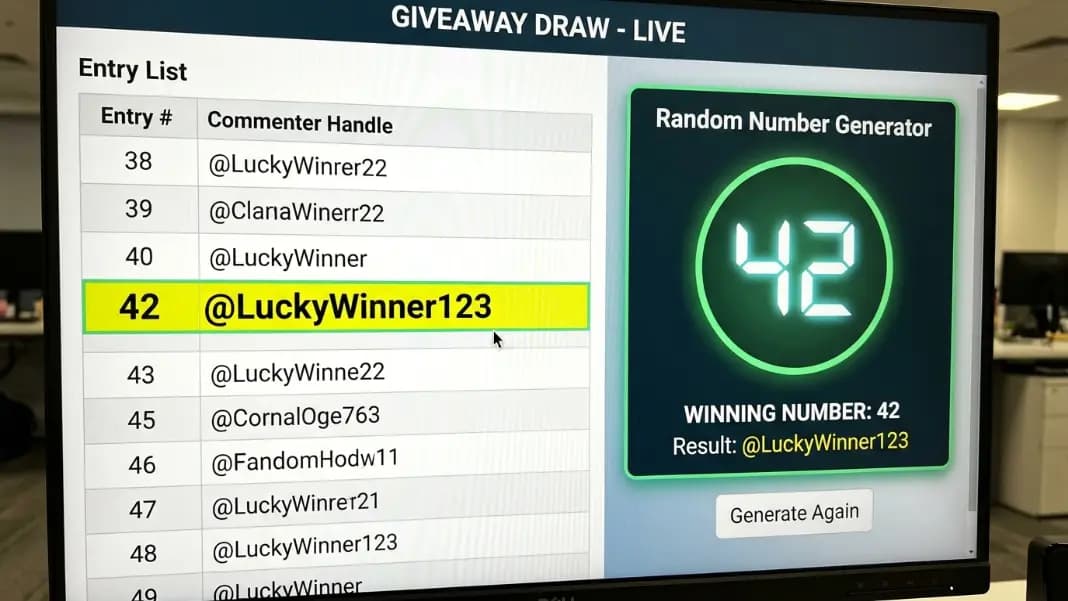 A screen recording of a random number generator result, with the corresponding entry list row highlighted showing the winning comment and handle, ready for announcement A screen recording of a random number generator result, with the corresponding entry list row highlighted showing the winning comment and handle, ready for announcement