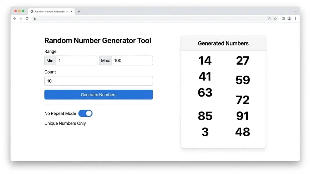 Random number generator tool showing a no-repeat mode enabled with range set from 1 to 100, count set to 10, results panel displaying 10 unique numbers in large text with no duplicates visible, a shuffle icon next to the generate button and a clear label reading unique numbers only Random number generator tool showing a no-repeat mode enabled with range set from 1 to 100, count set to 10, results panel displaying 10 unique numbers in large text with no duplicates visible, a shuffle icon next to the generate button and a clear label reading unique numbers only