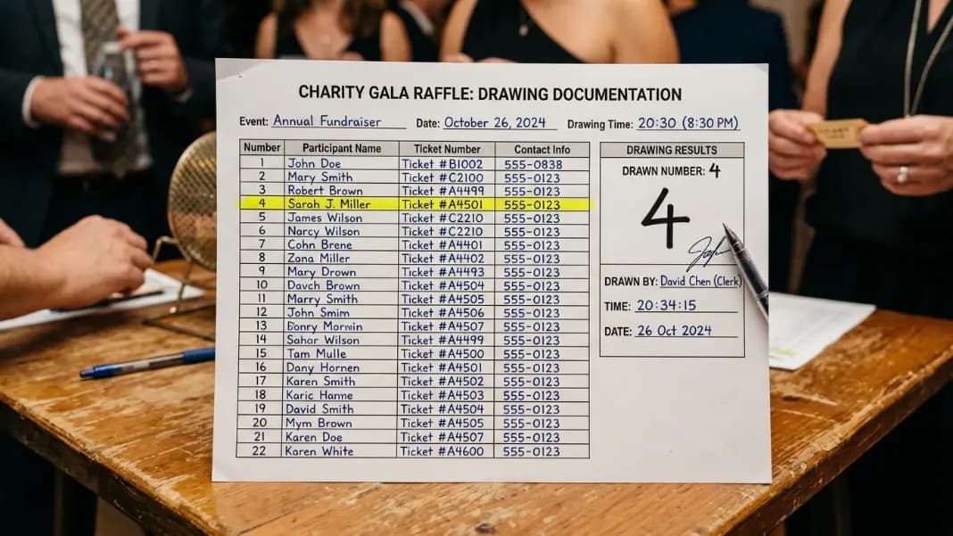 A raffle draw documentation sheet showing a numbered participant list, a random number generator result, and the corresponding winner row highlighted with the draw timestamp recorded beside it A raffle draw documentation sheet showing a numbered participant list, a random number generator result, and the corresponding winner row highlighted with the draw timestamp recorded beside it