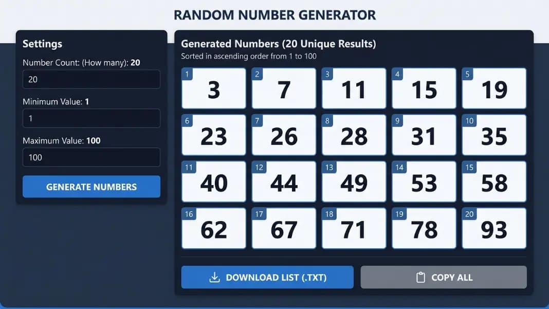 A random number generator interface showing the count set to 20, minimum set to 1, maximum set to 100, with a full list of 20 unique numbers displayed below in a results grid sorted in ascending order, alongside a download button and copy-all button A random number generator interface showing the count set to 20, minimum set to 1, maximum set to 100, with a full list of 20 unique numbers displayed below in a results grid sorted in ascending order, alongside a download button and copy-all button