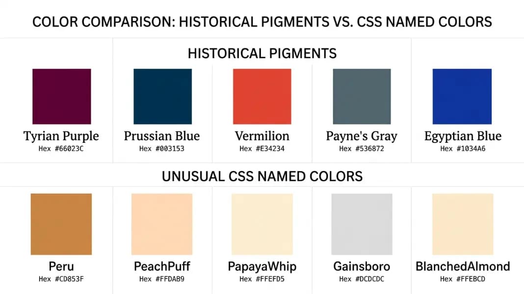A side-by-side comparison showing ten unusual color swatches in two rows, with the top row displaying historical pigment colors including Tyrian Purple, Prussian Blue, Vermilion, Payne's Gray, and Egyptian Blue with their approximate hex codes, and the bottom row showing unusual CSS named colors including Peru, Peachpuff, Papayawhip, Gainsboro, and Blanchedalmond with their exact hex codes A side-by-side comparison showing ten unusual color swatches in two rows, with the top row displaying historical pigment colors including Tyrian Purple, Prussian Blue, Vermilion, Payne's Gray, and Egyptian Blue with their approximate hex codes, and the bottom row showing unusual CSS named colors including Peru, Peachpuff, Papayawhip, Gainsboro, and Blanchedalmond with their exact hex codes