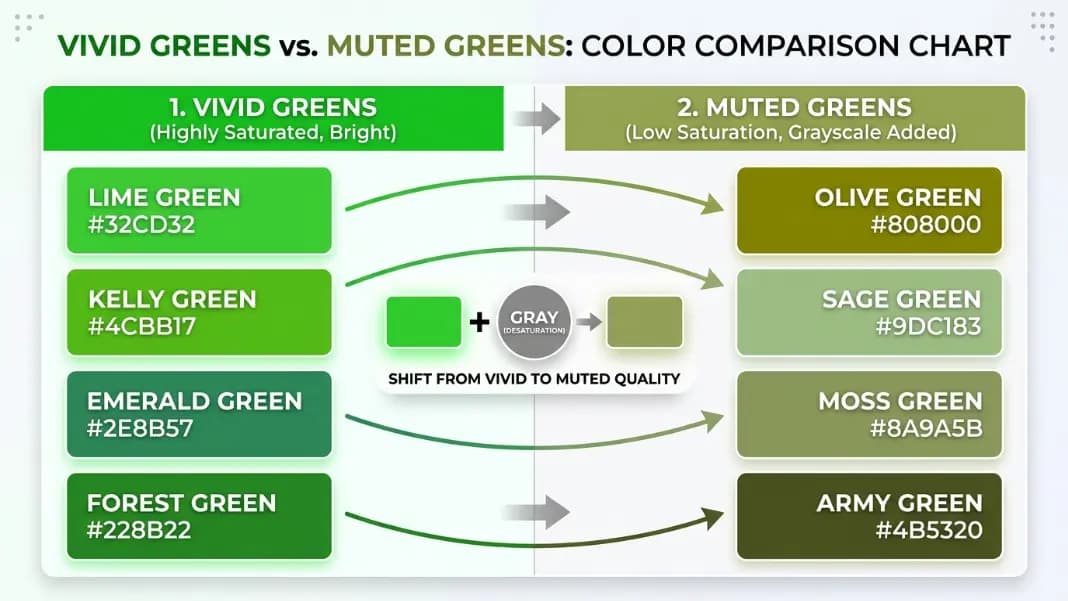A two-section comparison chart showing vivid greens on the left including lime, kelly, emerald, and forest green with their hex codes, and muted greens on the right including olive, sage, moss, and army green with their hex codes, with arrows indicating the gray added to shift from vivid to muted quality, each swatch labeled with color name and approximate hex code A two-section comparison chart showing vivid greens on the left including lime, kelly, emerald, and forest green with their hex codes, and muted greens on the right including olive, sage, moss, and army green with their hex codes, with arrows indicating the gray added to shift from vivid to muted quality, each swatch labeled with color name and approximate hex code