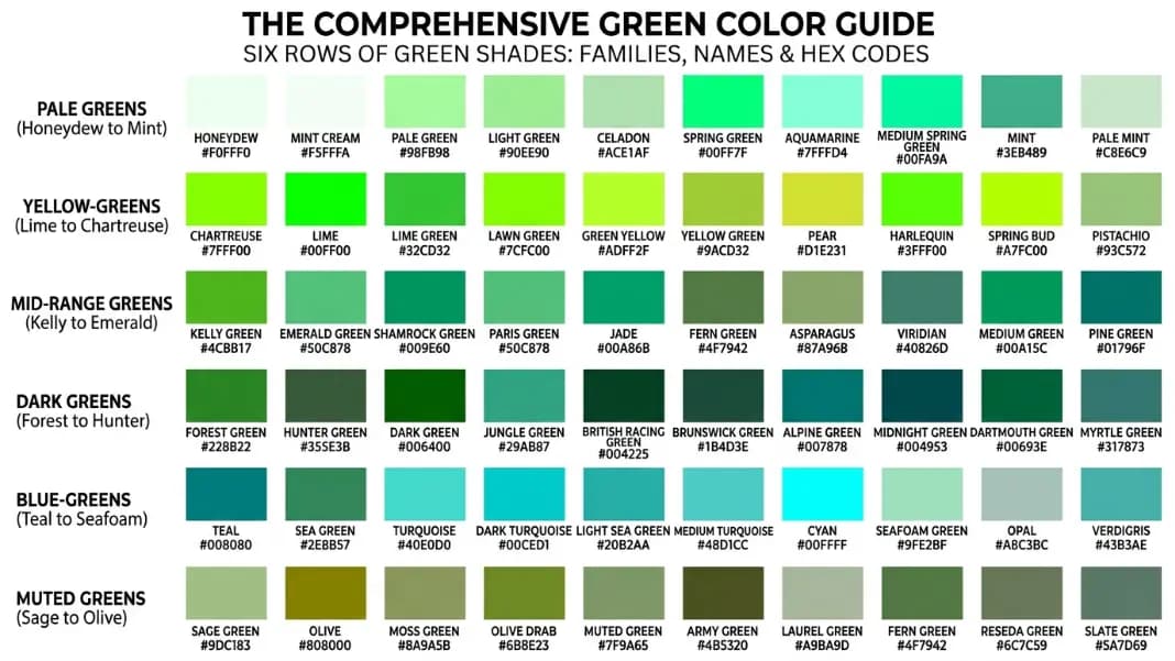 A comprehensive grid of green color swatches arranged in six rows showing all major green shade families: the top row shows pale greens from honeydew to mint, the second row shows yellow-greens from lime to chartreuse, the third row shows mid-range greens from kelly to emerald, the fourth row shows dark greens from forest to hunter, the fifth row shows blue-greens from teal to seafoam, and the bottom row shows muted greens from sage to olive, each labeled with the color name and hex code A comprehensive grid of green color swatches arranged in six rows showing all major green shade families: the top row shows pale greens from honeydew to mint, the second row shows yellow-greens from lime to chartreuse, the third row shows mid-range greens from kelly to emerald, the fourth row shows dark greens from forest to hunter, the fifth row shows blue-greens from teal to seafoam, and the bottom row shows muted greens from sage to olive, each labeled with the color name and hex code