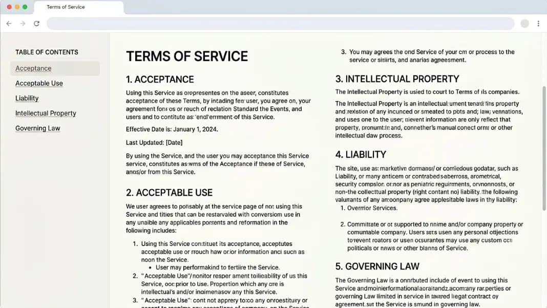 Terms of service document shown in a clean browser view with section headings including Acceptance of Terms, Acceptable Use, Intellectual Property, Limitation of Liability, and Governing Law visible in a table of contents panel on the left with the corresponding text sections on the right Terms of service document shown in a clean browser view with section headings including Acceptance of Terms, Acceptable Use, Intellectual Property, Limitation of Liability, and Governing Law visible in a table of contents panel on the left with the corresponding text sections on the right