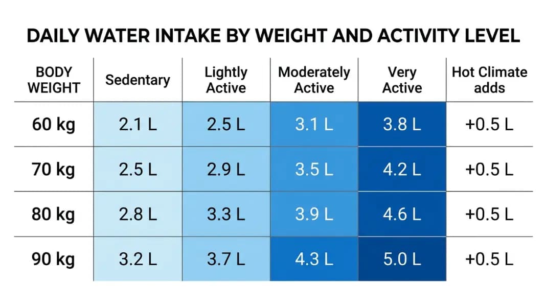 Comparison table showing daily water intake targets in litres across four body weights from 60 kg to 90 kg and four activity levels from sedentary to very active, with a hot climate column adding 0.5 litres to each value, cells color-coded from lighter for lower targets to darker for higher targets Comparison table showing daily water intake targets in litres across four body weights from 60 kg to 90 kg and four activity levels from sedentary to very active, with a hot climate column adding 0.5 litres to each value, cells color-coded from lighter for lower targets to darker for higher targets