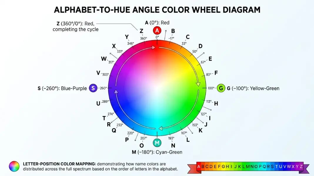 A color wheel diagram showing the hue angles produced by different letters in the alphabet, with A at 0 degrees in red, G around 100 degrees in yellow-green, M around 180 degrees in cyan-green, S around 260 degrees in blue-purple, and Z at 360 degrees back to red, demonstrating how letter-position mapping distributes name colors across the full spectrum A color wheel diagram showing the hue angles produced by different letters in the alphabet, with A at 0 degrees in red, G around 100 degrees in yellow-green, M around 180 degrees in cyan-green, S around 260 degrees in blue-purple, and Z at 360 degrees back to red, demonstrating how letter-position mapping distributes name colors across the full spectrum