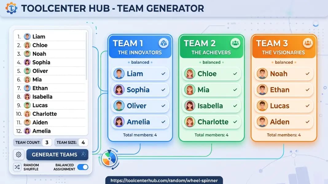 Team generator tool showing a list of twelve names divided into three balanced teams of four, with random group assignments displayed in colored panels Team generator tool showing a list of twelve names divided into three balanced teams of four, with random group assignments displayed in colored panels