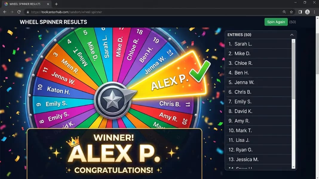 Wheel spinner result view showing a highlighted winning segment with a checkmark and the winner's name displayed below, surrounded by remaining entries in a list panel Wheel spinner result view showing a highlighted winning segment with a checkmark and the winner's name displayed below, surrounded by remaining entries in a list panel